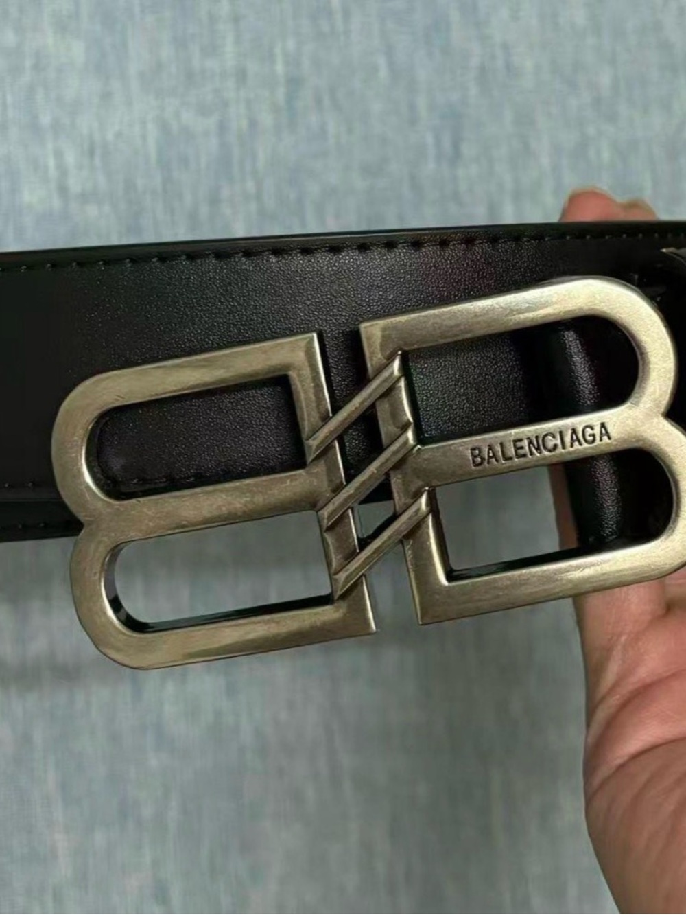 Balenciaga Black Leather Belt with Antiqued Gold Double B Buckle